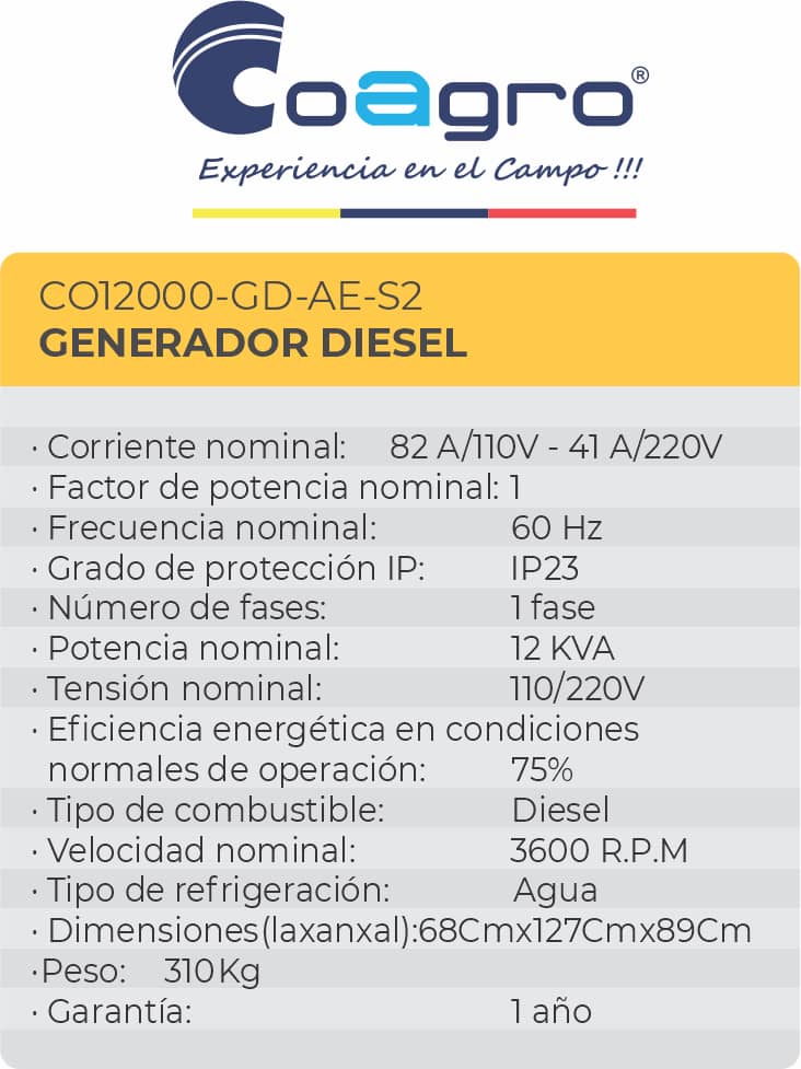 Planta electrica - Generador a Diesel 12KVA Bifasica 110/220V Refrigerado por agua