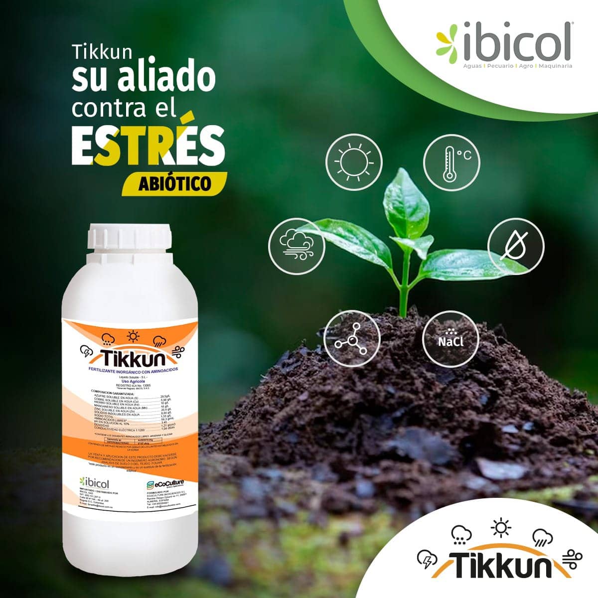 Fertilizante para manejo de estrés en plantas Tikkun x 1 lt