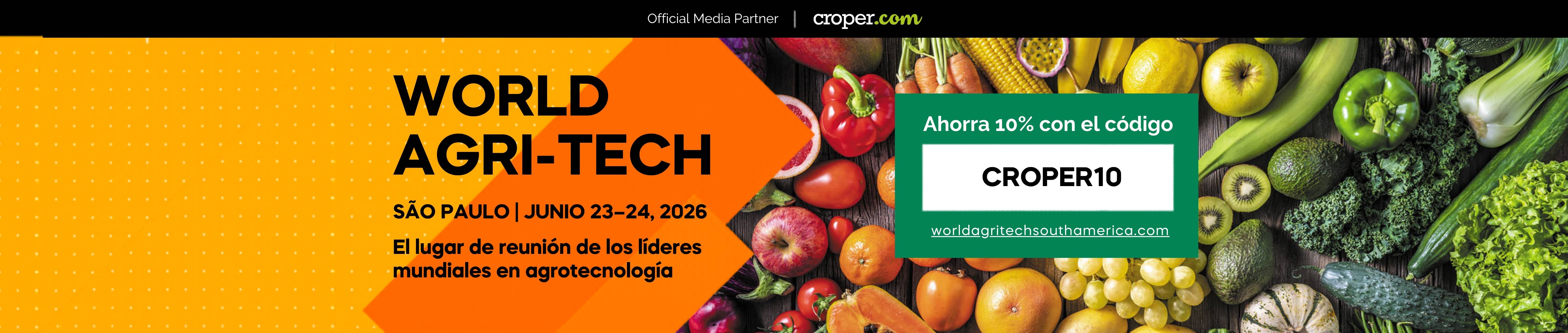 Invitación a World-Agritech 2026 con código para 10% de descuento croper10